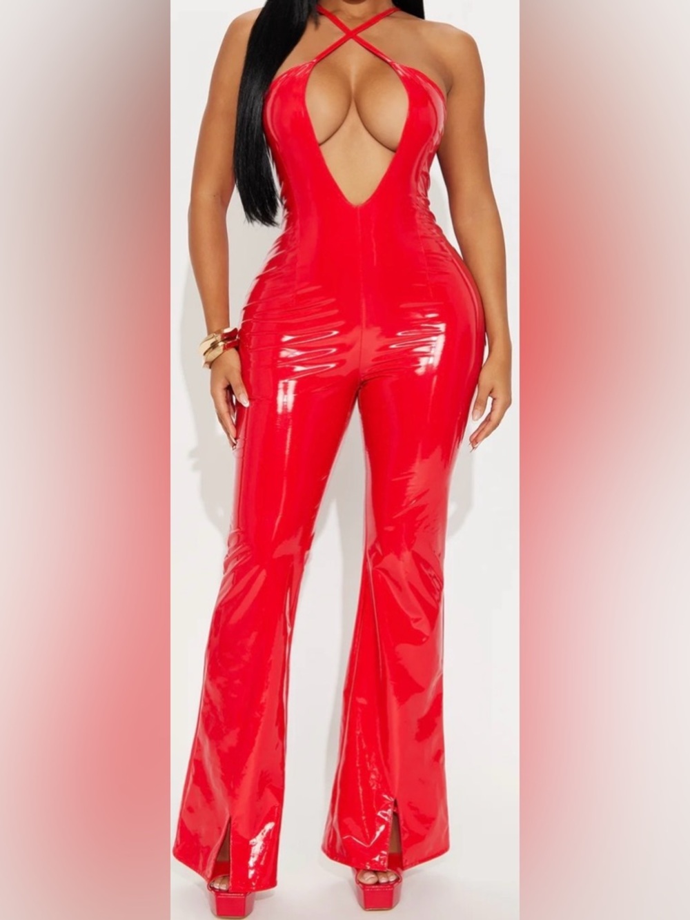 Red Patent-Style Flare Jumpsuit with Plunging Neckline